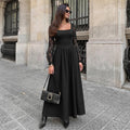 Black Square Neck Sheer Lace Sleeve Maxi Dress