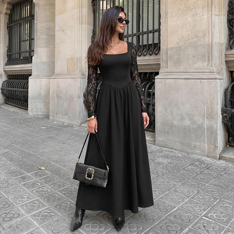 Black Square Neck Sheer Lace Sleeve Maxi Dress