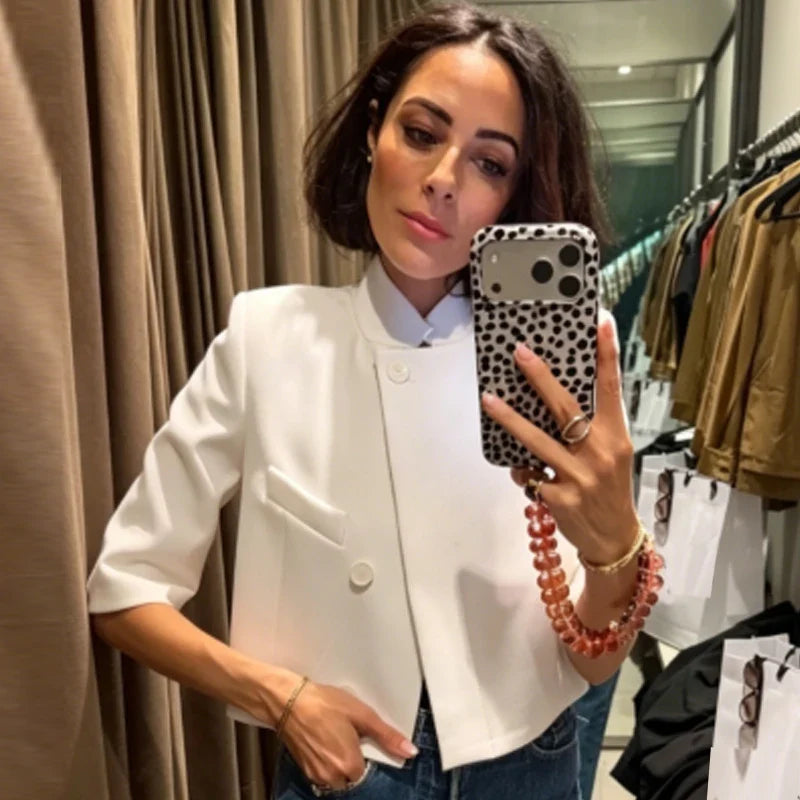 Asymmetric Cropped Stand Collar Blazer