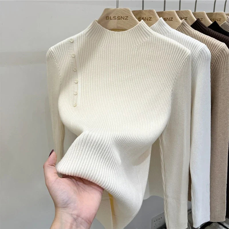 Ribbed Shoulder Button Turtleneck Sweater