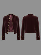 Wine Red Velvet Military-Inspired Jacket