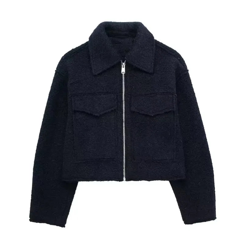 Textured Cropped Zip Jacket with Flap Pockets