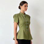 Retro Frog Closure Peplum Blouse