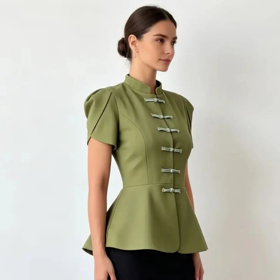 Retro Frog Closure Peplum Blouse