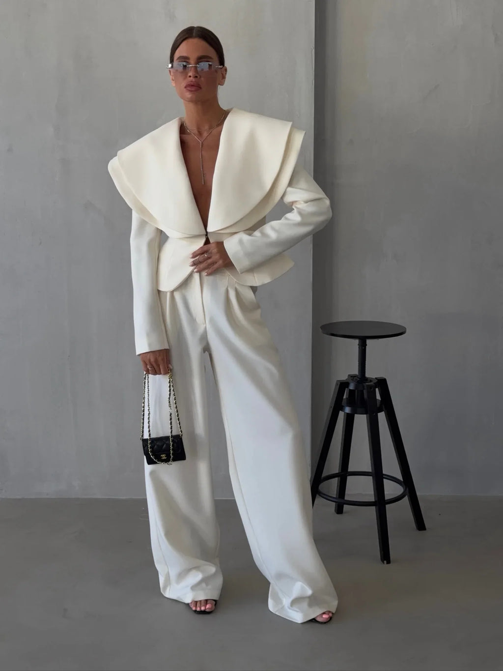 Layered Lapel Cropped Blazer Trouser Set