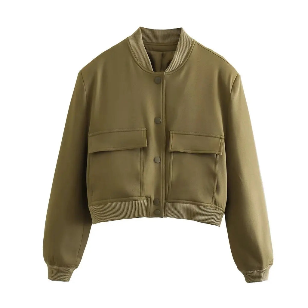 Cropped Ribbed Collar Bomber Jacket