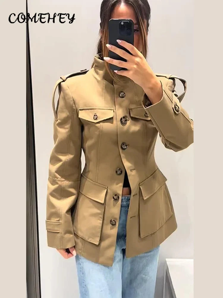 Khaki Stand Collar Utility Jacket