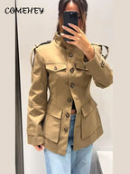 Khaki Stand Collar Utility Jacket