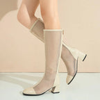 Mesh Knee-High Block Heel Boots