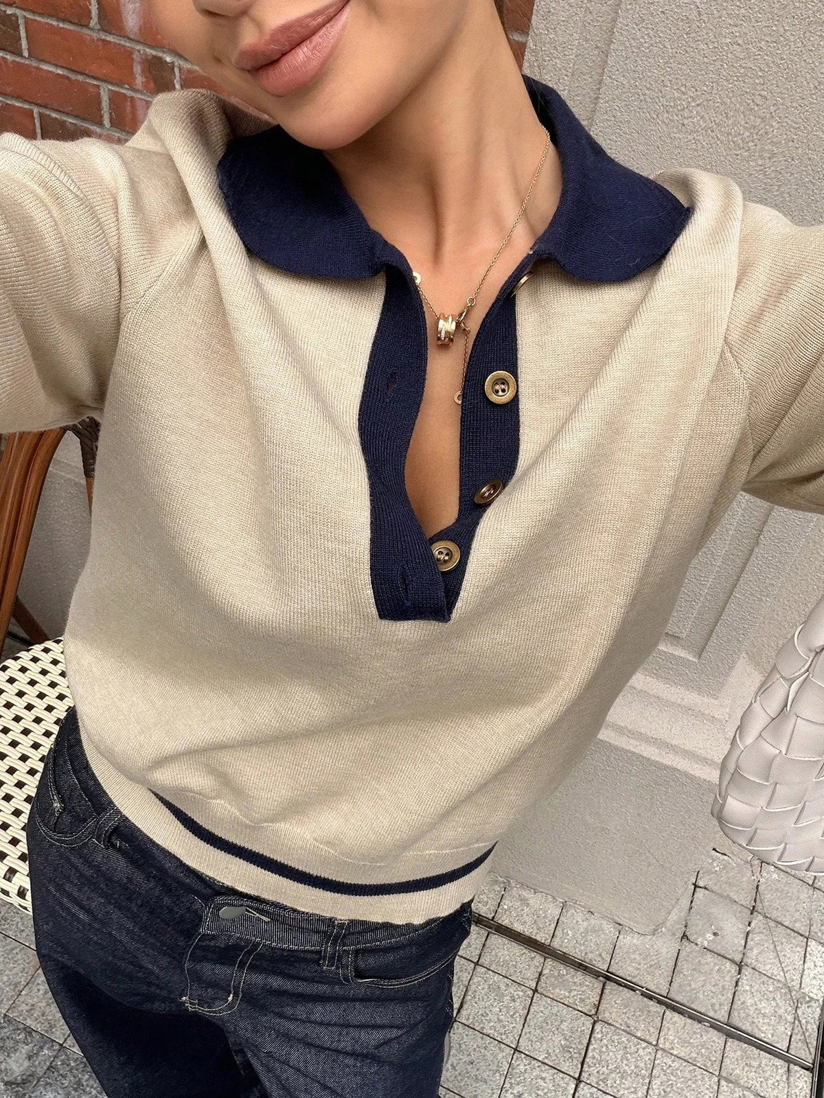 Color Block Polo Knit Top
