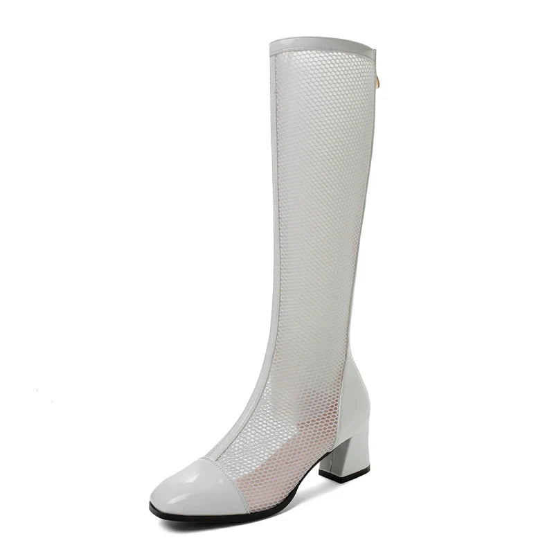 Mesh Knee-High Block Heel Boots