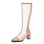 Mesh Knee-High Block Heel Boots