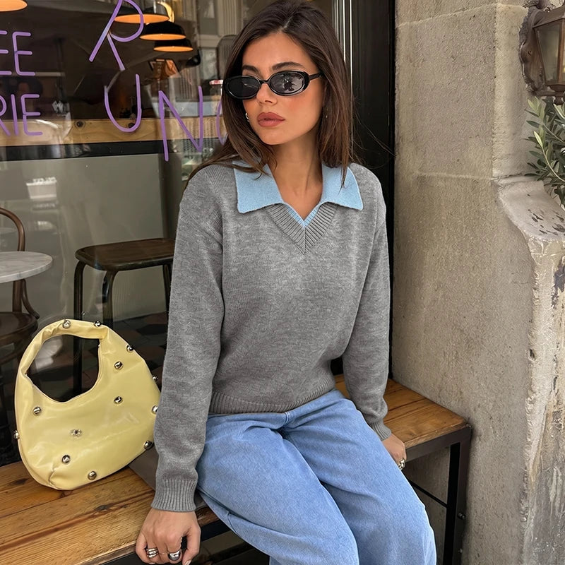 Layered Collar V-Neck Knit Pullover