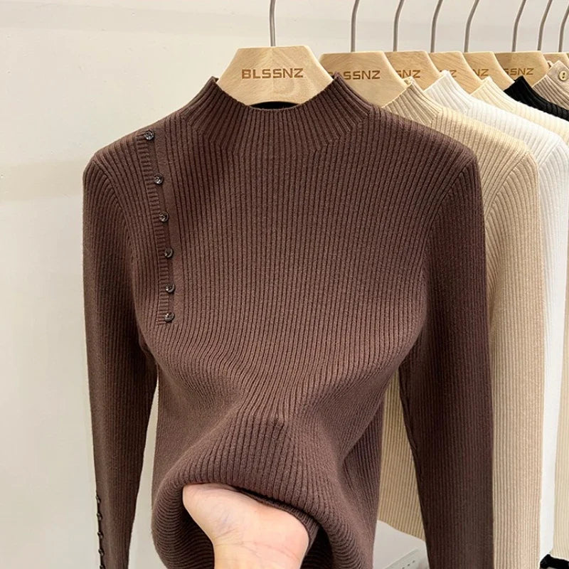 Ribbed Shoulder Button Turtleneck Sweater