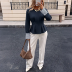 Striped Cuff Pleated Peplum Top
