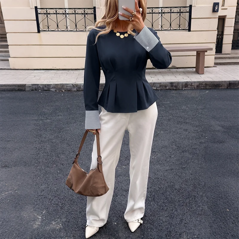 Striped Cuff Pleated Peplum Top