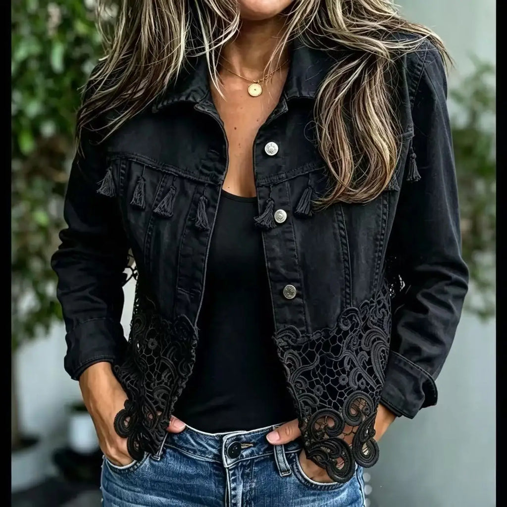 Lace Panel Denim-Look Jacket