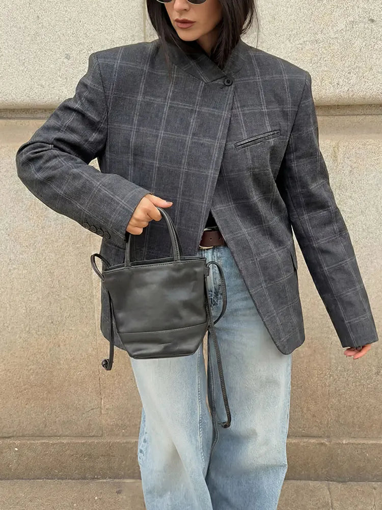 Stand Collar Plaid Blazer Jacket