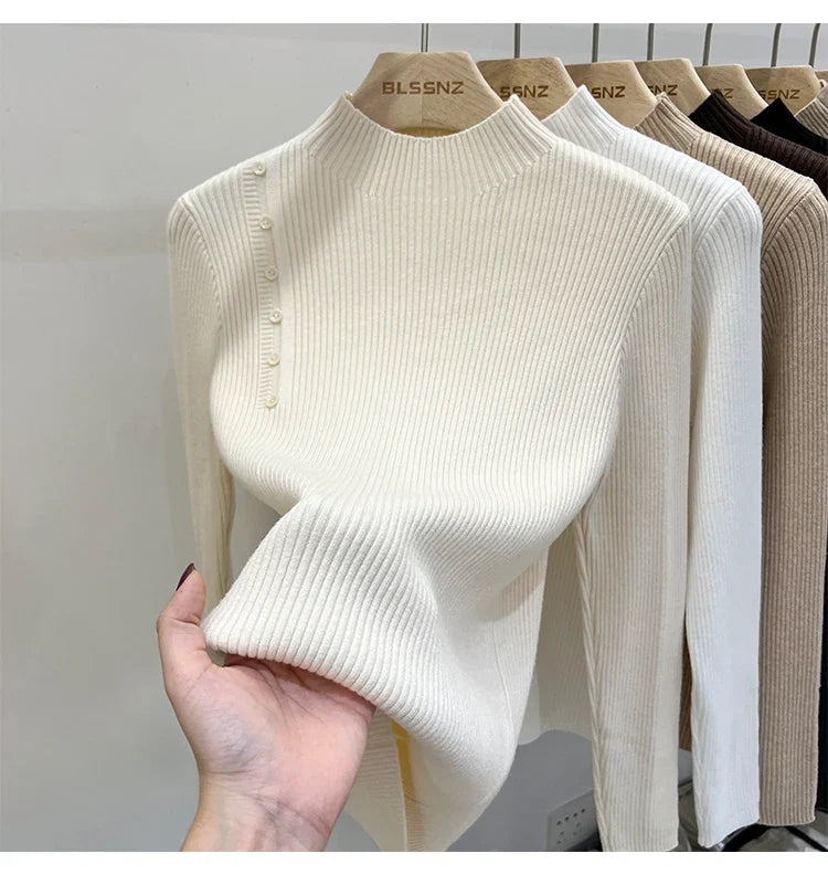 Ribbed Shoulder Button Turtleneck Sweater