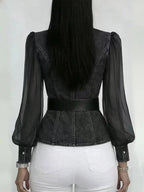 Denim-Look Sheer Sleeve Wrap Blouse