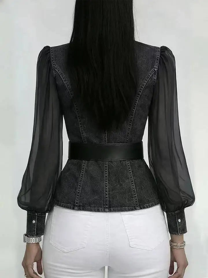 Denim-Look Sheer Sleeve Wrap Blouse
