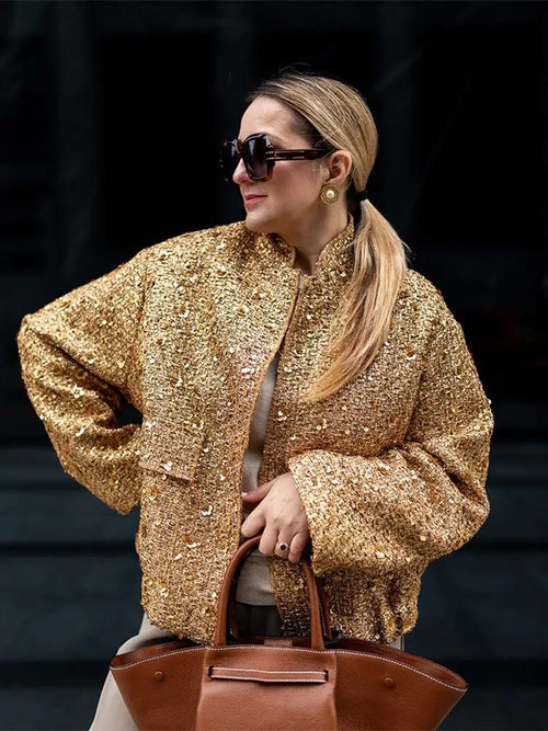 Sequin Stand Collar Bomber Jacket