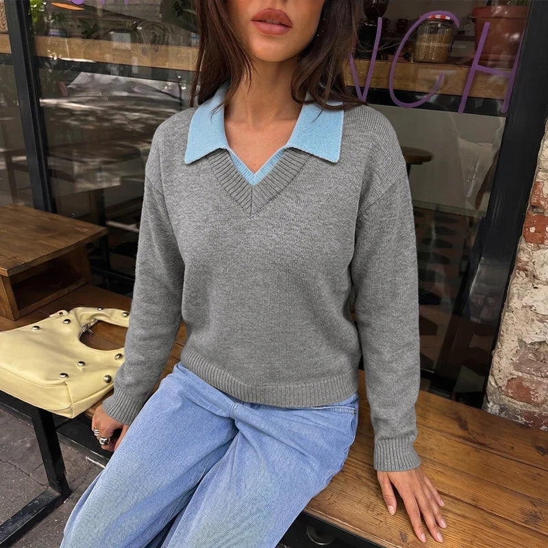 Layered Collar V-Neck Knit Pullover