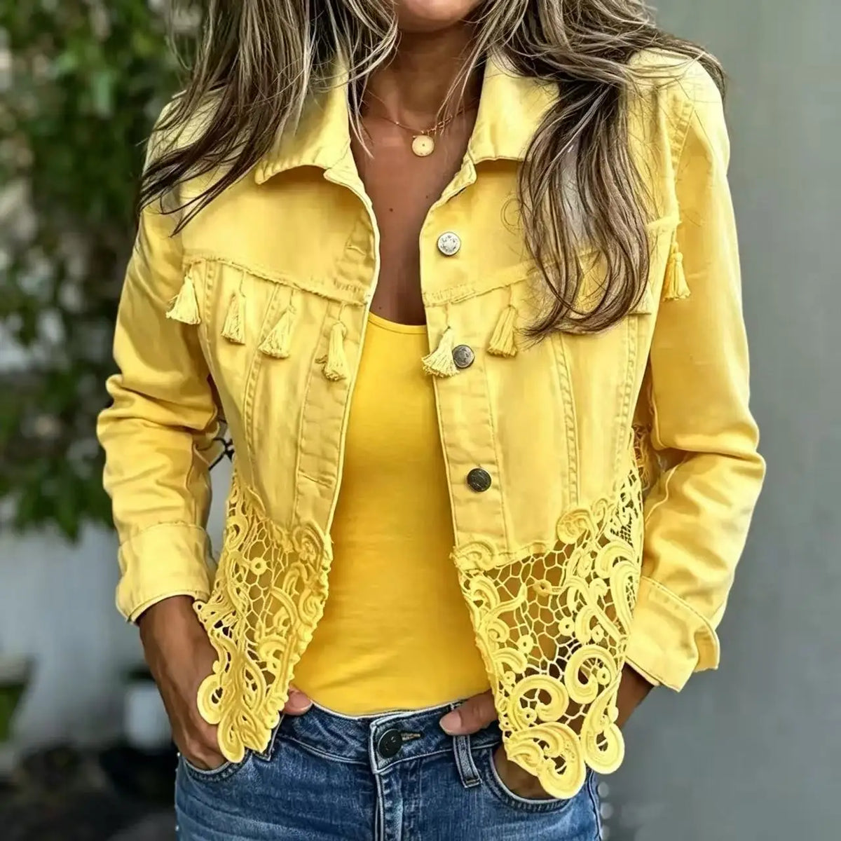 Lace Panel Denim-Look Jacket
