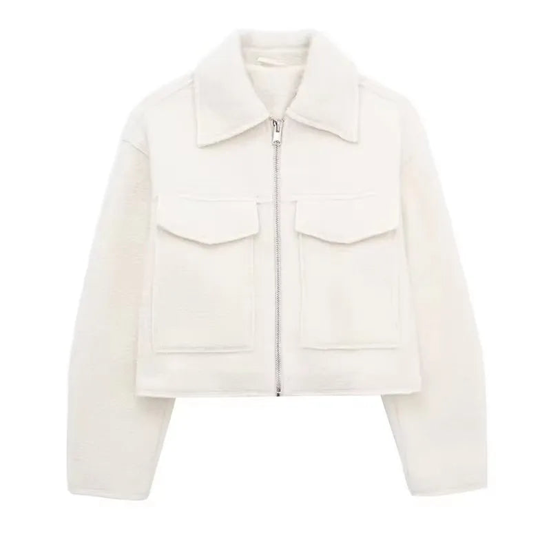 Textured Cropped Zip Jacket with Flap Pockets
