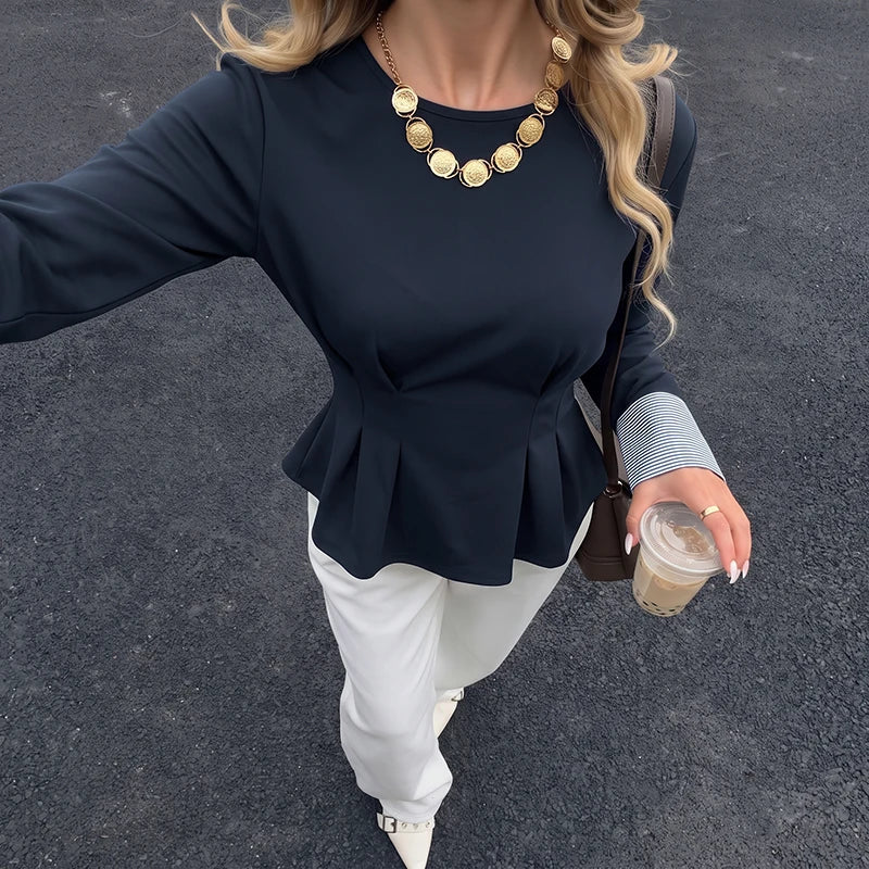 Striped Cuff Pleated Peplum Top