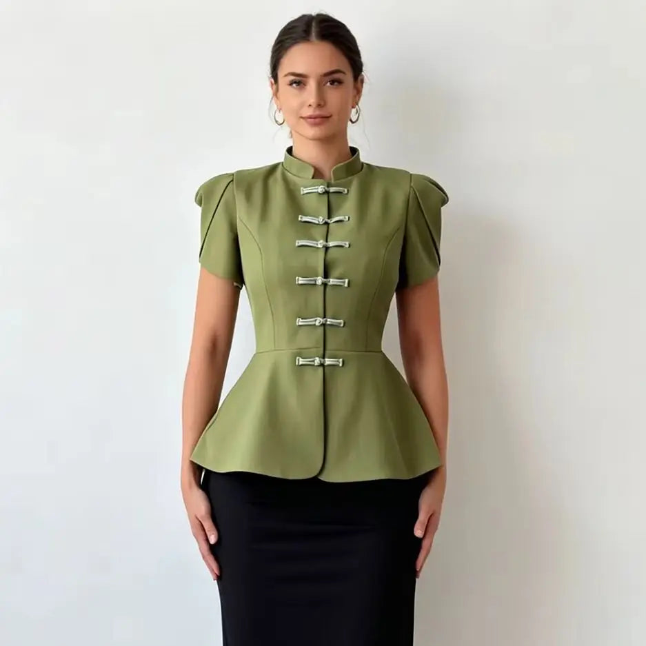 Retro Frog Closure Peplum Blouse
