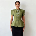 Retro Frog Closure Peplum Blouse