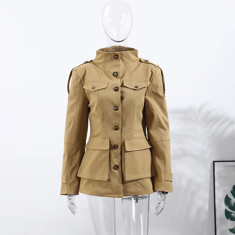 Khaki Stand Collar Utility Jacket
