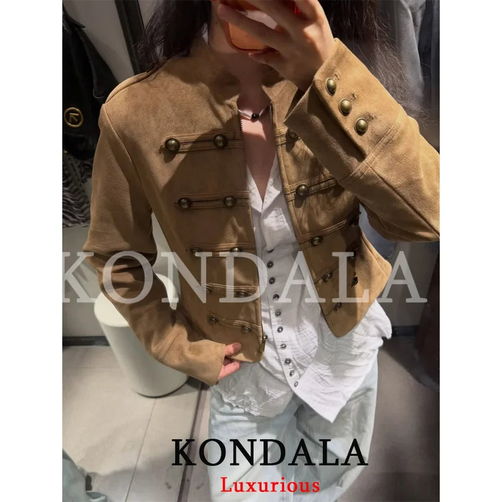 Khaki Suede-Like Military Cropped Jacket