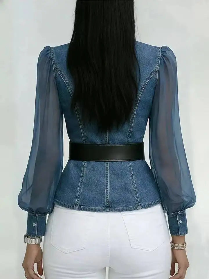 Denim-Look Sheer Sleeve Wrap Blouse
