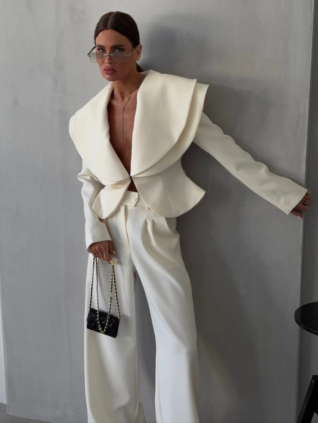 Layered Lapel Cropped Blazer Trouser Set