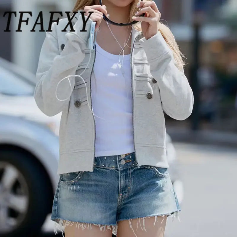 Cropped Stand Collar Zip Jacket