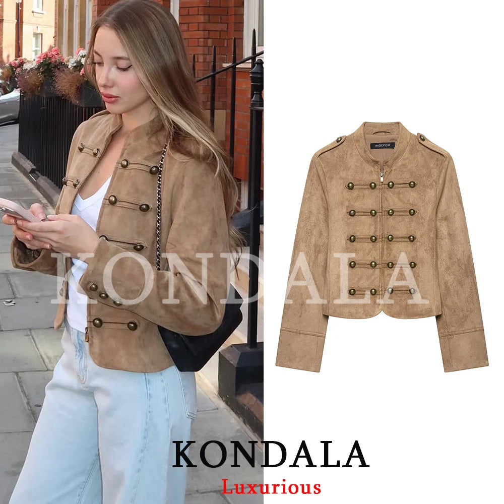 Khaki Suede-Like Military Cropped Jacket