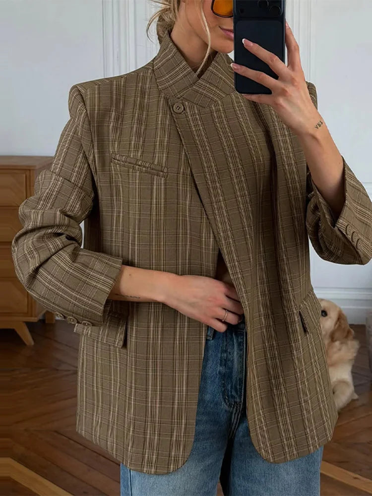 Plaid Stand Collar Blazer