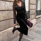 Black Lace-Panel Evening Maxi Dress