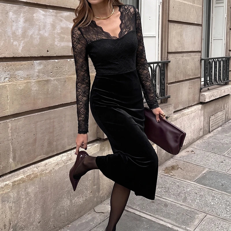 Black Lace-Panel Evening Maxi Dress