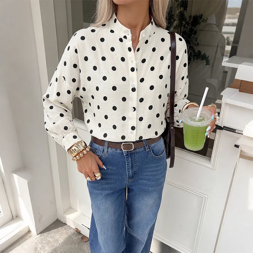 Ivory Polka Dot Stand Collar Blouse