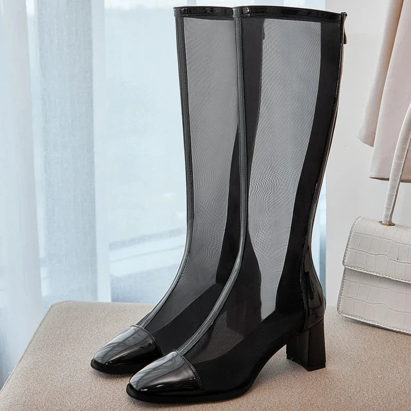 Mesh Knee-High Block Heel Boots