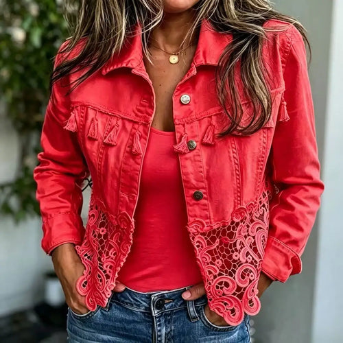 Lace Panel Denim-Look Jacket