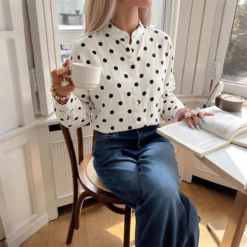 Ivory Polka Dot Stand Collar Blouse