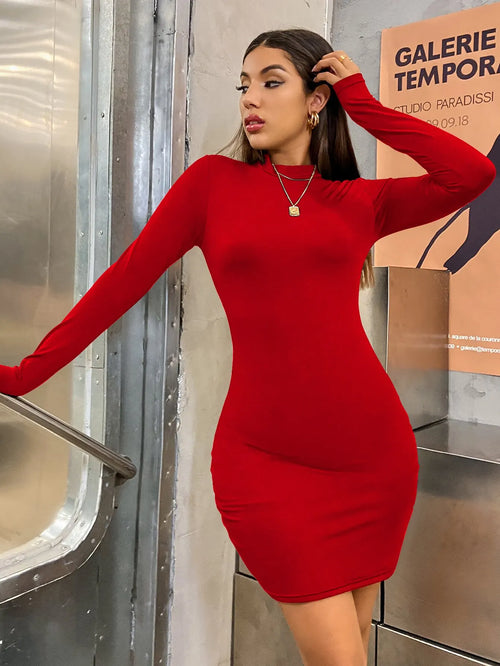 Ruched Turtleneck Bodycon Mini Dress