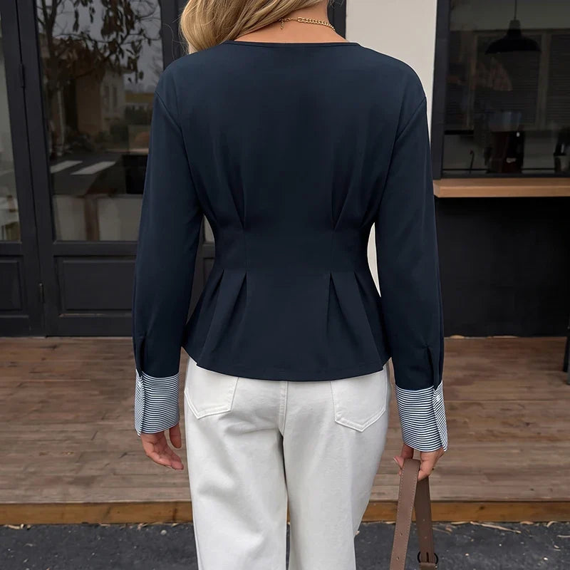 Striped Cuff Pleated Peplum Top
