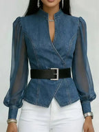 Denim-Look Sheer Sleeve Wrap Blouse