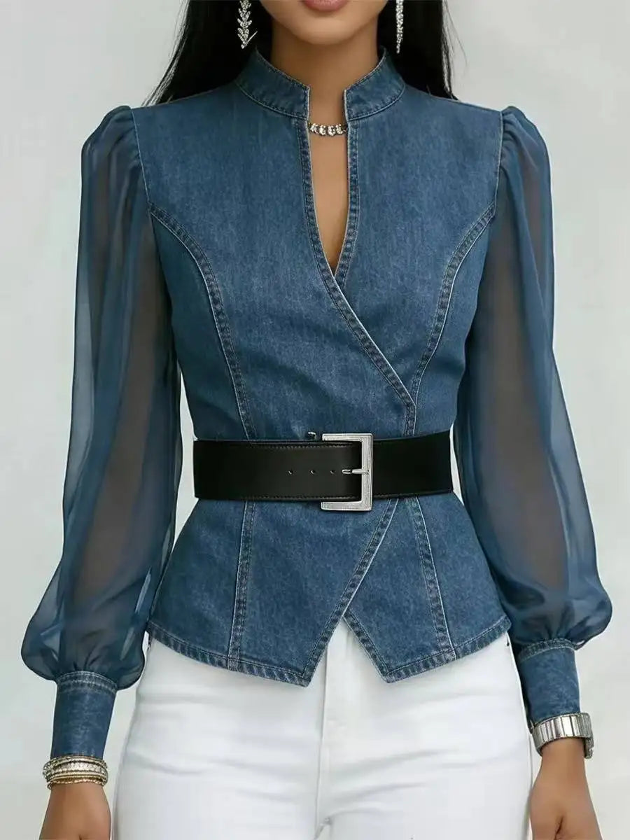 Denim-Look Sheer Sleeve Wrap Blouse
