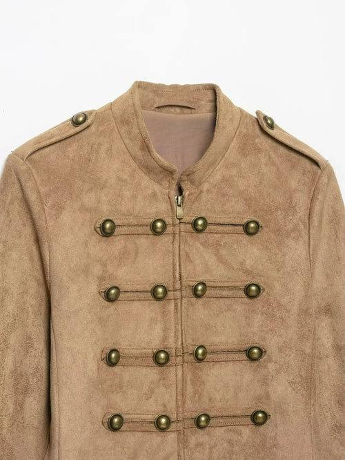 Khaki Suede-Like Military Cropped Jacket